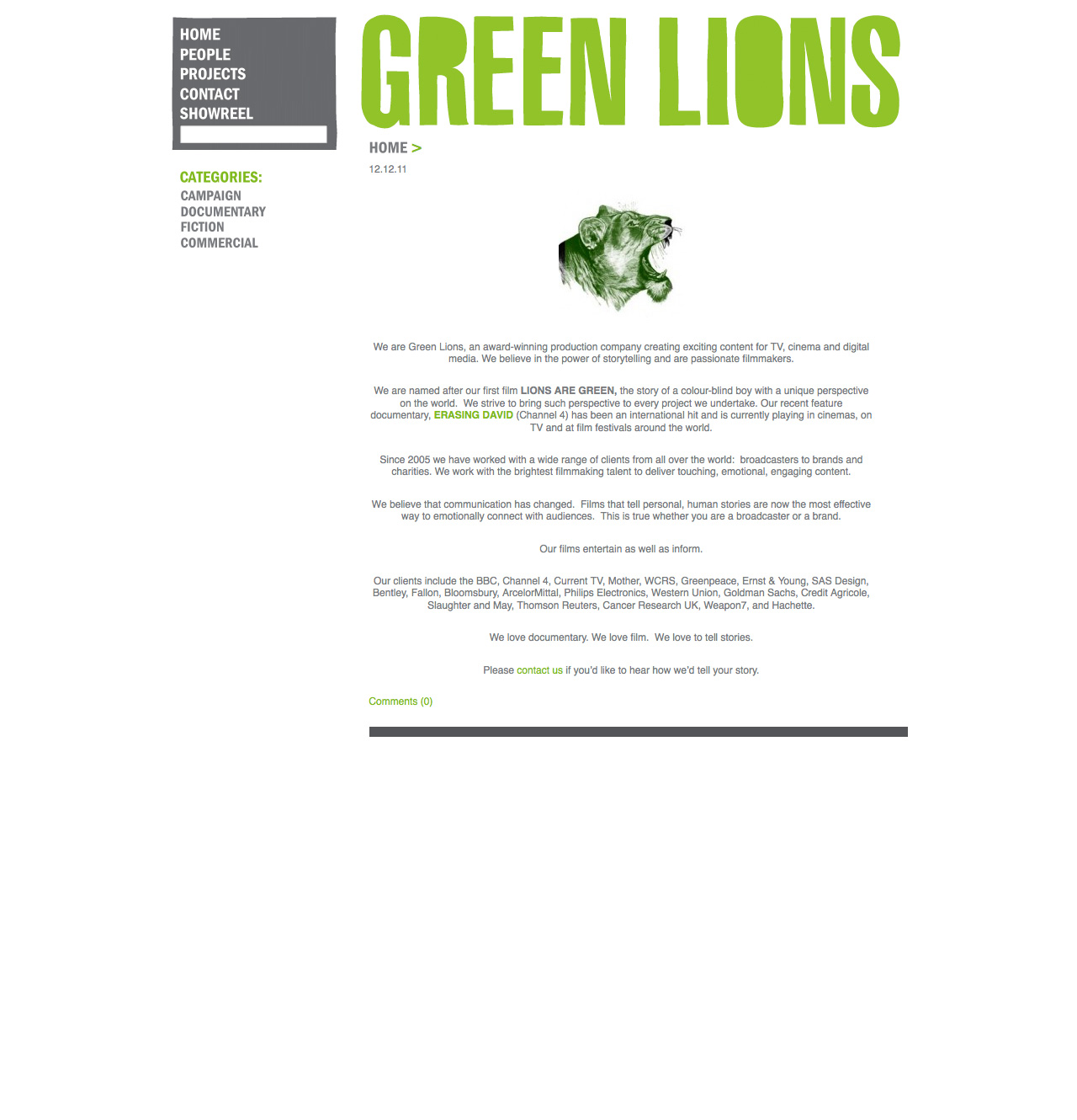 Green Lions homepage before the re-design