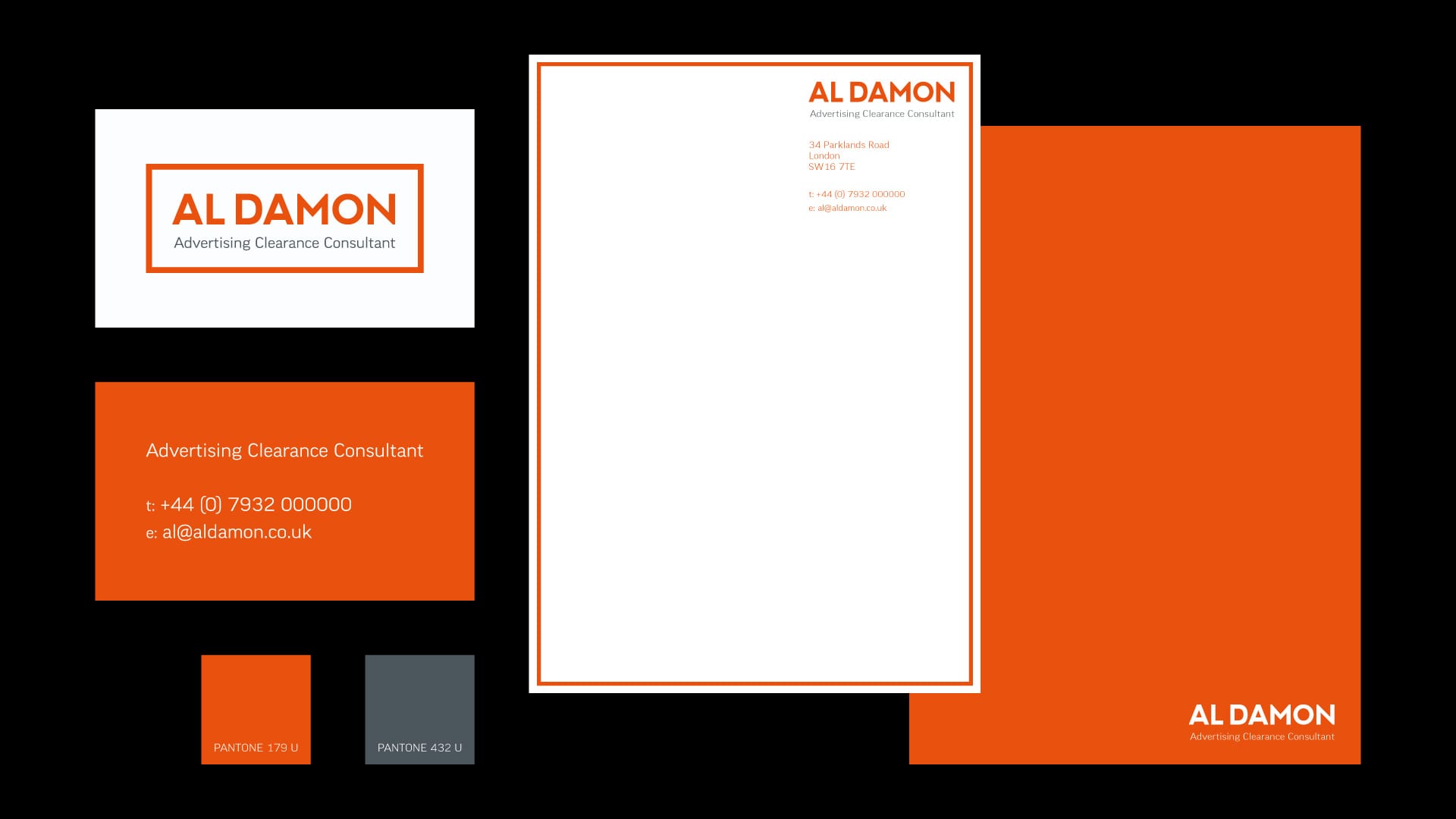 Branding collateral for Al Damon copy clearance consultant, business cards and letterhead